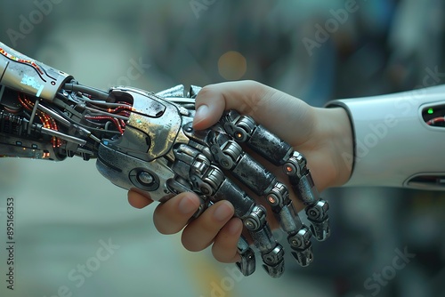 A human hand and a robot hand shake, symbolizing the fusion of biology and technology in a futuristic setting © Archibalttttt