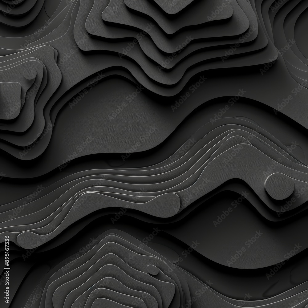 Obraz premium Abstract Black Topographic Background 3D Render of Smooth, Curvy Shapes Following Gradient