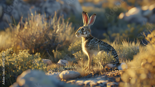 High-Speed Jackrabbit Leaping Through Sunlit Desert Landscape