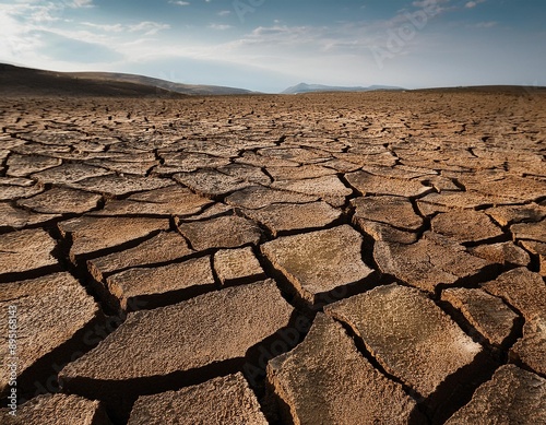 Cracked, dry earth with deep fissures and rugged surface. photo