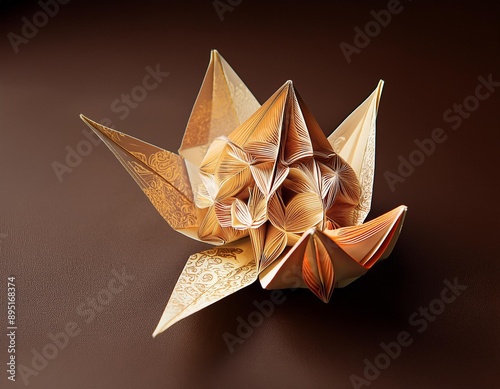 Delicate, intricate origami paper folded into complex shapes. photo