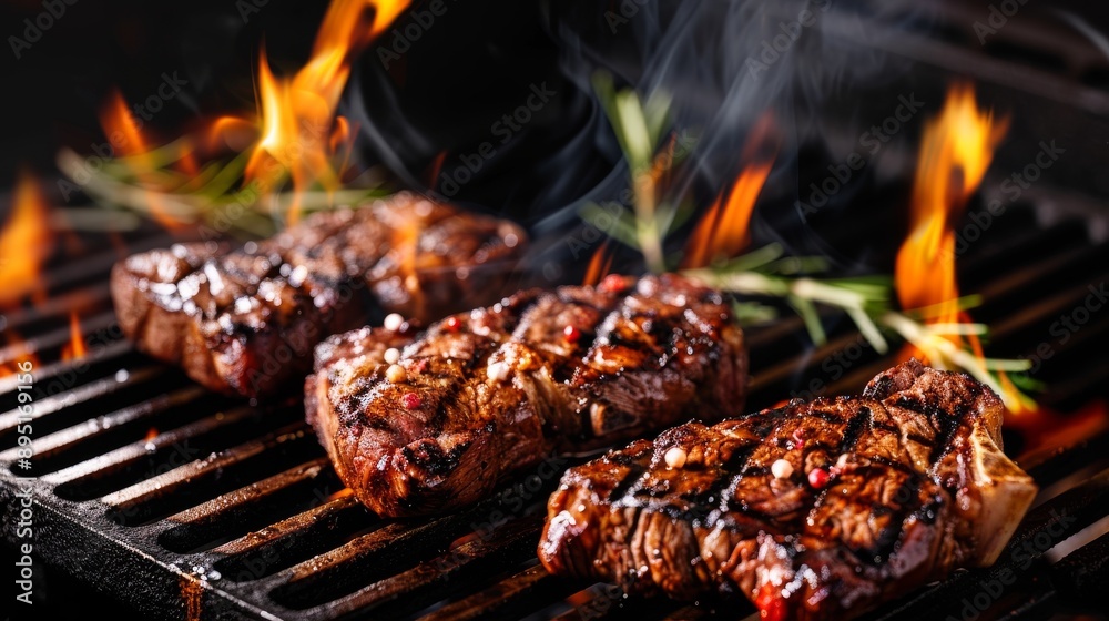 A barbecue grill with flames licking around thick-cut ribeye steaks, searing them to perfection. --ar 16:9 Job ID: 135483d5-e57c-4ae6-8772-e667440b1858 A barbecue grill with flames licking around thick-cut ribeye steaks, searing them to perfection. --ar 16:9 Job ID: 135483d5-e57c-4ae6-8772-e667440b1858