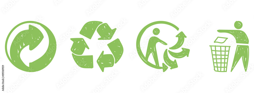 Collection de pictos de tri - Pack de logos dessinés à la main pour symboliser le tri sélectif, le recyclage - Cercle de Möbius, Triman,  Point vert, Tidyman - Éléments en faveur de la nature - Doodle
