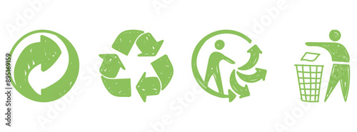 Collection de pictos de tri - Pack de logos dessinés à la main pour symboliser le tri sélectif, le recyclage - Cercle de Möbius, Triman,  Point vert, Tidyman - Éléments en faveur de la nature - Doodle