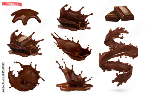 Chocolate splashes. 3d realistic vector set