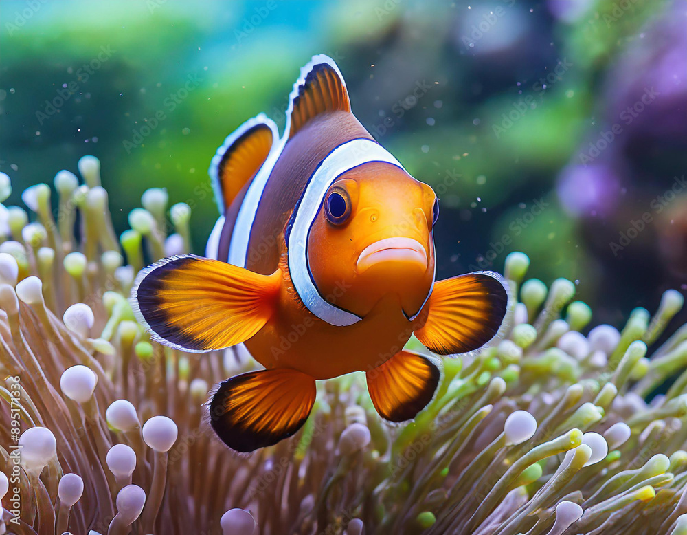 Close-up of a beautiful anemonefish or clown fish (Amphiprion ocellaris) swimming gracefully Close-up of a beautiful anemonefish or clown fish (Amphiprion ocellaris) swimming gracefully