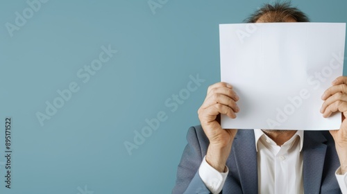 A businessman holding a blank sheet of paper, hiding his face against a blue background, representing anonymity and communication. photo