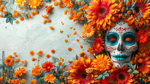 Festive Dia De Muertos Skull on empty background