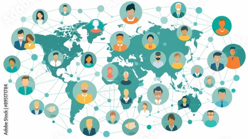 Diverse People Network on World Map Global Community, Connection, Social Network Concept