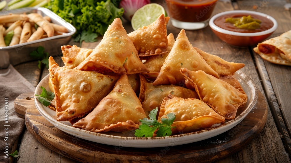 A delicious platter of golden-brown samosas served with fresh herbs and dipping sauce, perfect for appetizers and snacks. A delicious platter of golden-brown samosas served with fresh herbs and dipping sauce, perfect for appetizers and snacks.