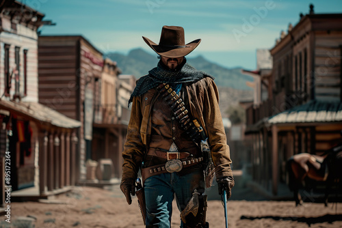A man in a cowboy hat and boots walks down a dirt road. photo