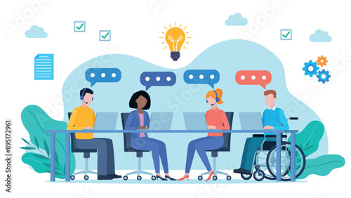 Employees at their desks brainstorm. There are speech bubbles next to their heads. There is a lit bulb above them. Next to them there are checker, document and gear icons. Flat design vector.