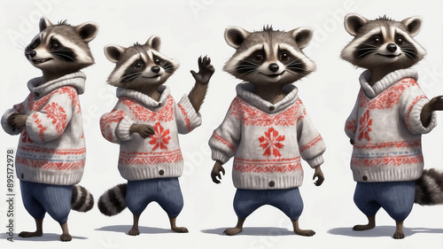 A group of cute raccoons in knitted sweaters photo