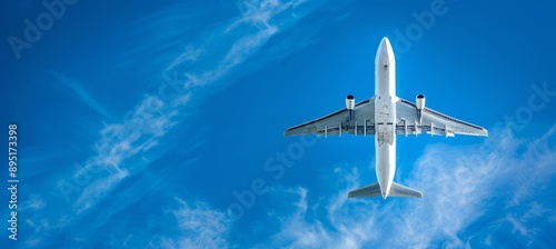 White Passenger Airplane Soaring Through the Vivid Blue Sky, a Symbol of Travel and Adventure photo