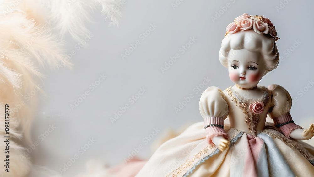Antique porcelain doll on a light background mockup for auction presentation. Antique porcelain doll on a light background mockup for auction presentation.