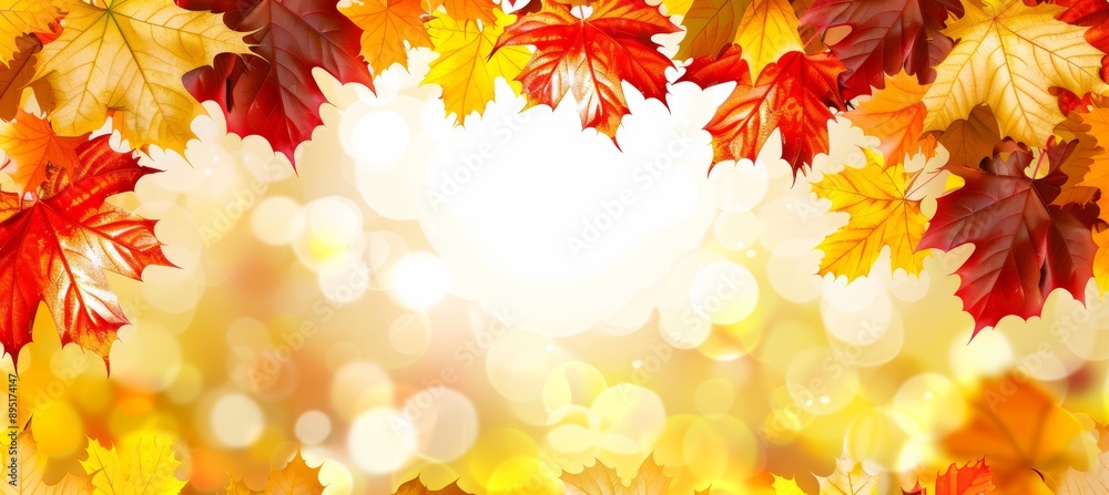 Vibrant Red, Orange, and Yellow Fall Maple Leaves Frame a Sparkling Golden Nature Background Vibrant Red, Orange, and Yellow Fall Maple Leaves Frame a Sparkling Golden Nature Background