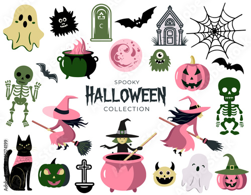 Pink halloween set. Elements and characters for halloween in pink color. Wtch, pumpkins, ghosts, monster, skeleton.