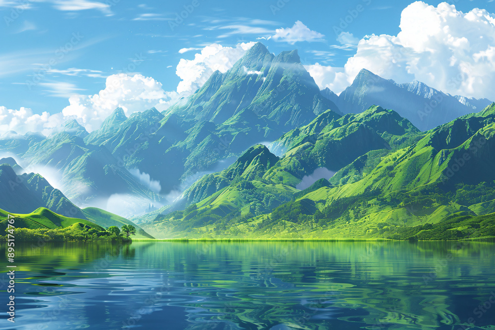 Majestic green mountains tower over a serene lake with their reflections mirrored on the calm water surface Majestic green mountains tower over a serene lake with their reflections mirrored on the calm water surface
