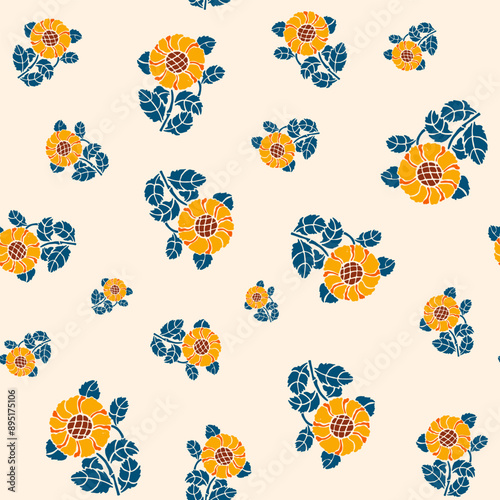 Sunflower Vector Seamless Pattern. Floral print for Textile, Stationery, Wrapping Paper, Wallpaper, Greeting Card