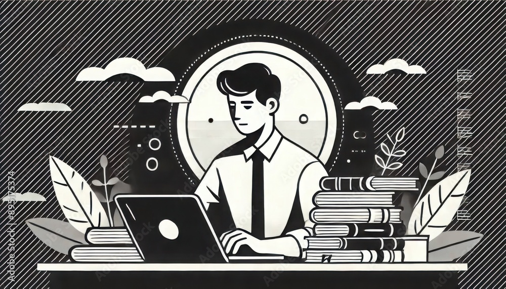 A monochromatic illustration of a man working on a laptop, surrounded by books and plants.

