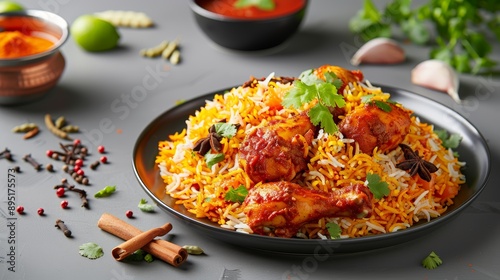 A vibrant plate of biryani with spices, chicken, and fresh herbs, showcasing the rich flavors and colors of traditional cuisine.