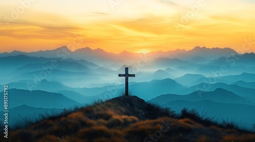 Sunrise over mountains with cross silhouette, ideal for spiritual and religious themes photo