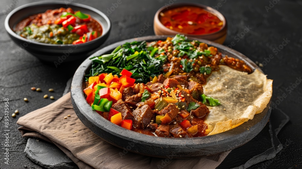 A vibrant dish featuring spiced meat, vegetables, and traditional bread, served in an artistic arrangement on a rustic background. A vibrant dish featuring spiced meat, vegetables, and traditional bread, served in an artistic arrangement on a rustic background.