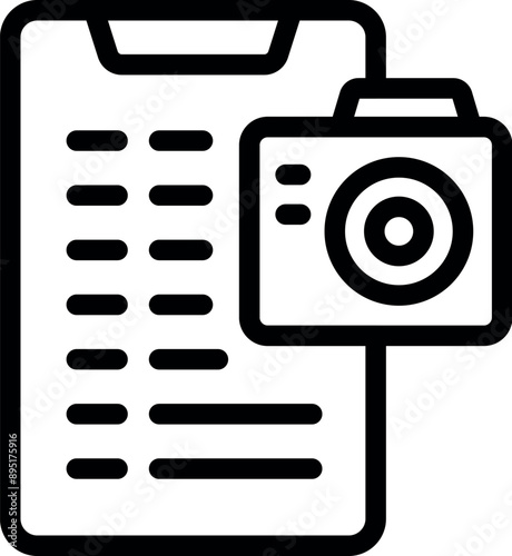 Line icon of a camera taking a picture and a clipboard with notes about composition