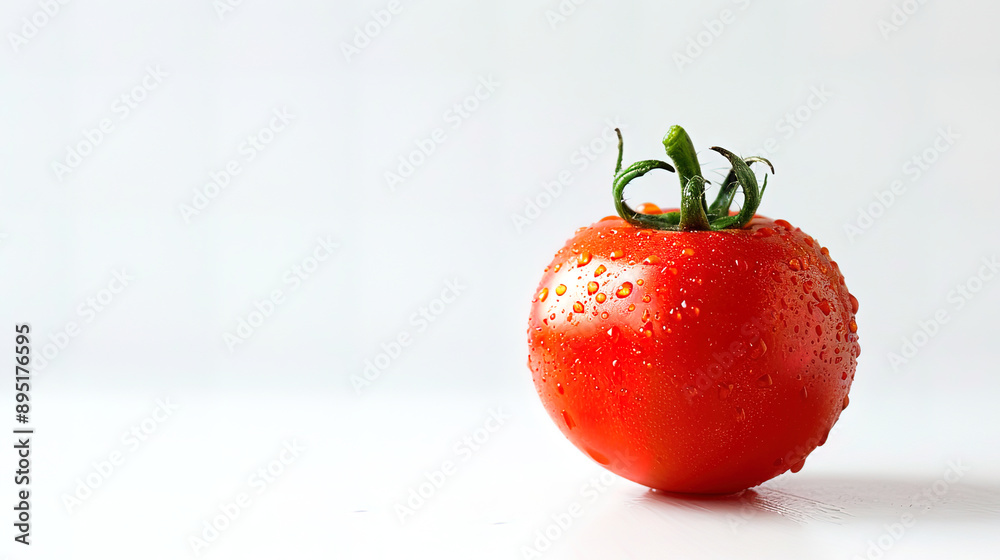 Red juicy tomato with water drops on a white background. Red juicy tomato with water drops on a white background.