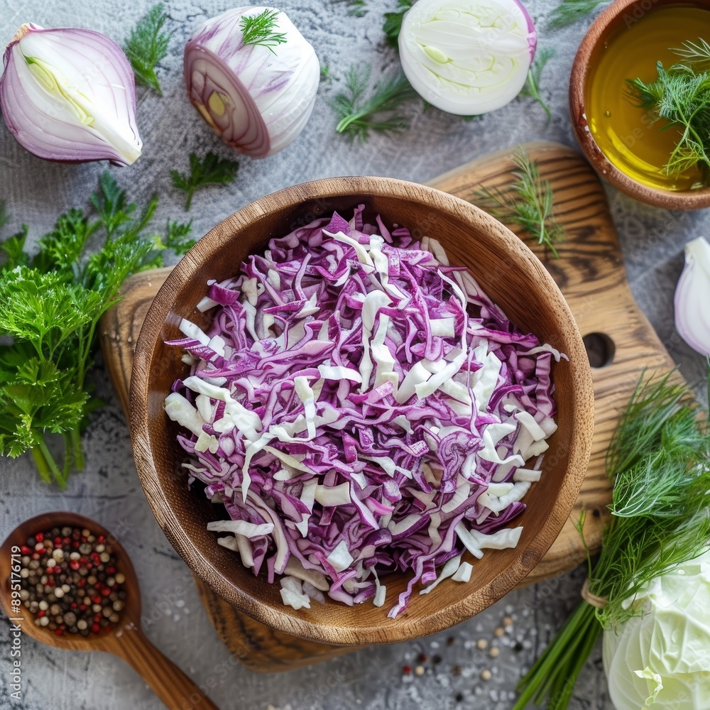 Fresh Red Cabbage Salad with Olive Oil and Spices on a Rustic Background, Healthy Eating Concept Fresh Red Cabbage Salad with Olive Oil and Spices on a Rustic Background, Healthy Eating Concept