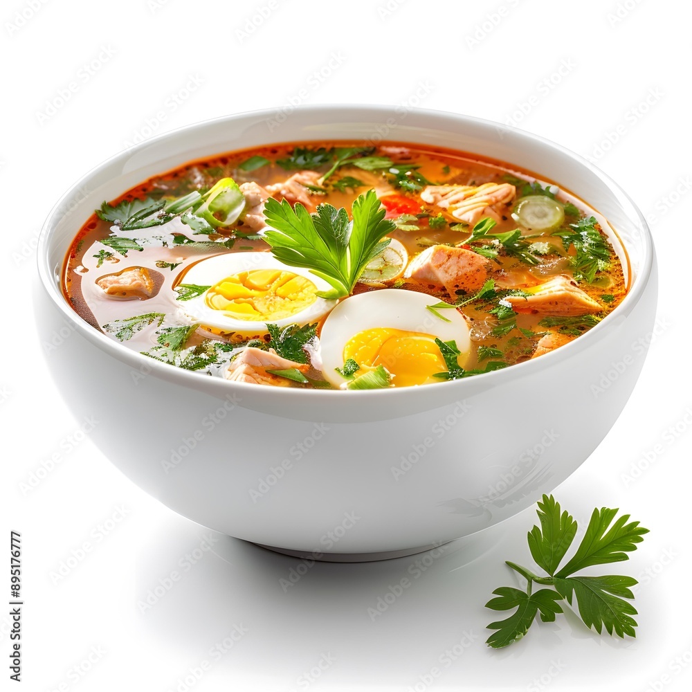 A bowl of delicious fish soup with vegetables and herbs A bowl of delicious fish soup with vegetables and herbs