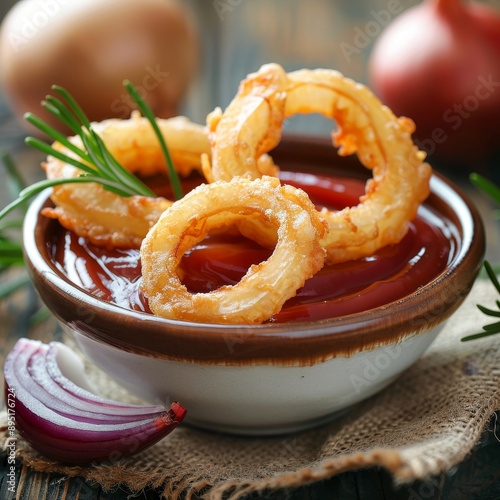 Close Up Of Bowl With Crispy Onion Rings, Dip Sauce And Fresh Ingredients, Authentic Recipe Dish photo