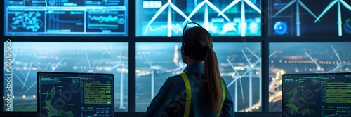 A futuristic energy control center manages wind turbines. It features female operators, data analytics, digital management, and sustainable engineering for clean, renewable resources