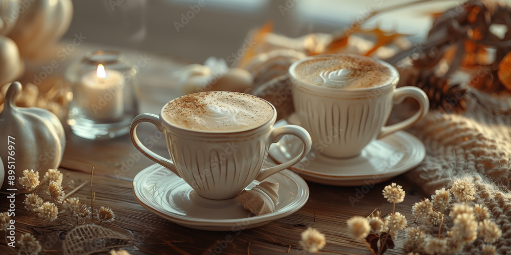 Fototapeta premium A cup of hot latte coffee in a decorative interior in boho style creative poster background. Horizontal banner with a cup of coffee and free space for text. Raster digital illustration. AI artwork.