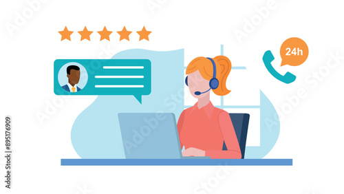 Woman sitting in front of a desk and working on laptop. Having conversation with client. Client is giving five star review. Flat design vector.