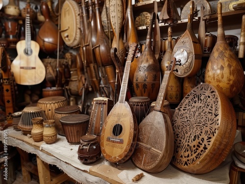 Traditional musical instruments from various cultures displayed together. photo