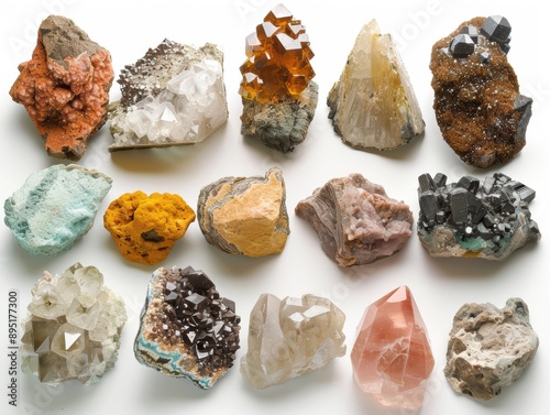 Various geological specimens like rocks and minerals displayed together. photo