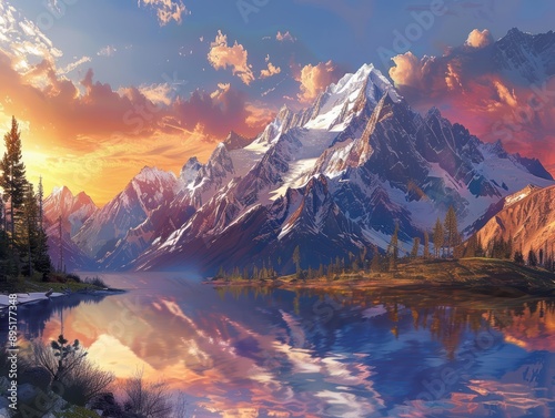 A mountain landscape at sun...