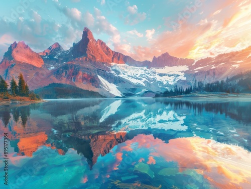 A mountain landscape at sun...