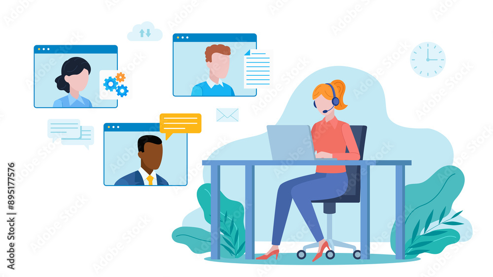 Flat design illustration. Video conversation of employees. A woman wearing headphones is having a conversation with other employees. They exchange information and knowledge. Flat design illustration. Video conversation of employees. A woman wearing headphones is having a conversation with other employees. They exchange information and knowledge.