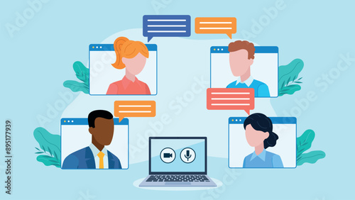 Video conversation of students, employees, friends. Laptop with camera and microphone icon. Above it, messenger app tiles with character avatars. There are conversation bubbles next to the characters.
