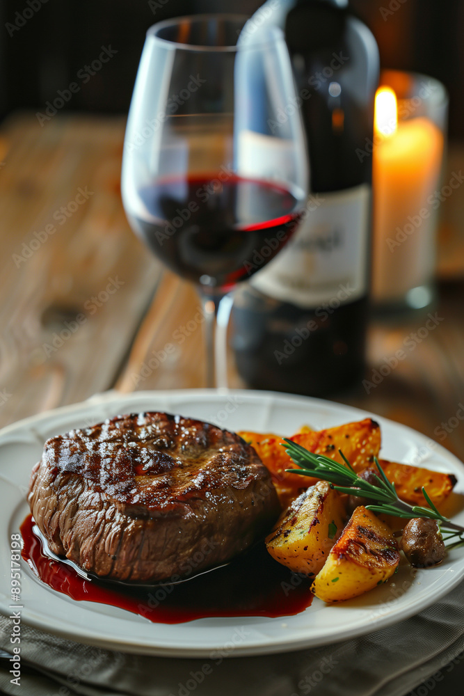 Filet mignon steak served with baked potato and red wine. National Filet Mignon Day-August 13th Filet mignon steak served with baked potato and red wine. National Filet Mignon Day-August 13th
