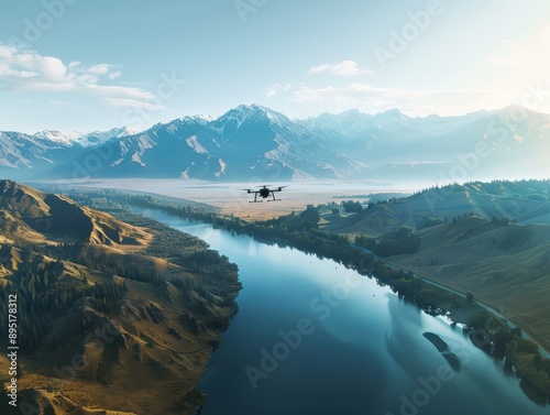 A drone flying over a scenic landscape capturing aerial footage of dramatic cliffs, lush greenery, and winding rivers. photo