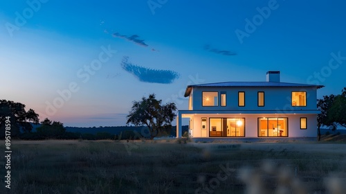 Modern house with large windows and lights.