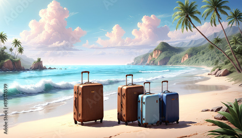 Luggage standing lonely and abandoned on a vacation beach, luggage insurance on vacation in the event of theft or loss