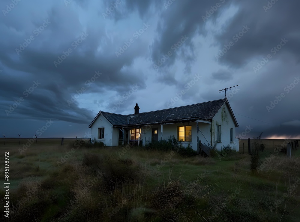 Fototapeta premium White House With Lights On in the Field Under Dark Sky