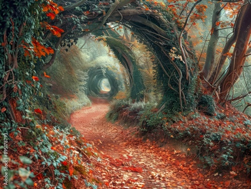 A forest path covered in autumn leaves with trees forming a natural archway. photo