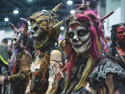 A group of cosplayers at a comic convention dressed in colorful and elaborate costumes, embodying various characters with detailed makeup and accessories. photo