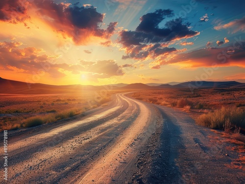 A long winding road through a desert landscape, endless horizon, and dramatic sunset skies.
