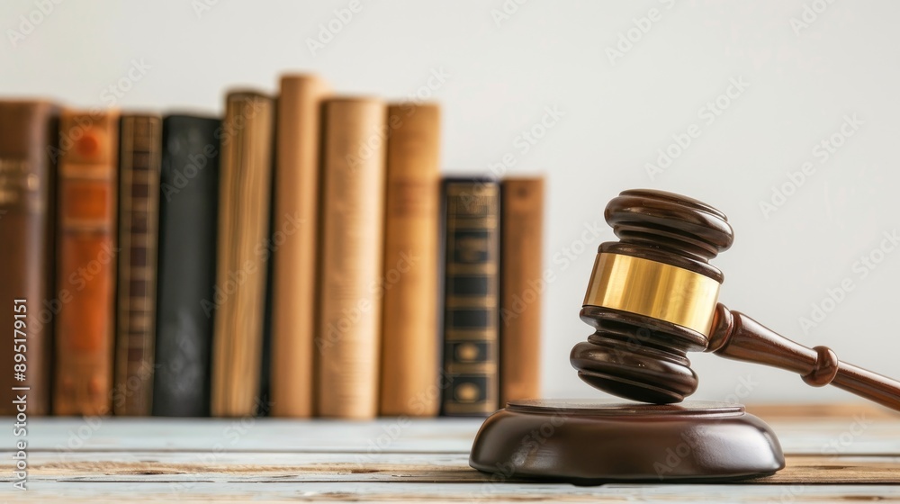 Brown gavel and books in focus on wooden table against white background